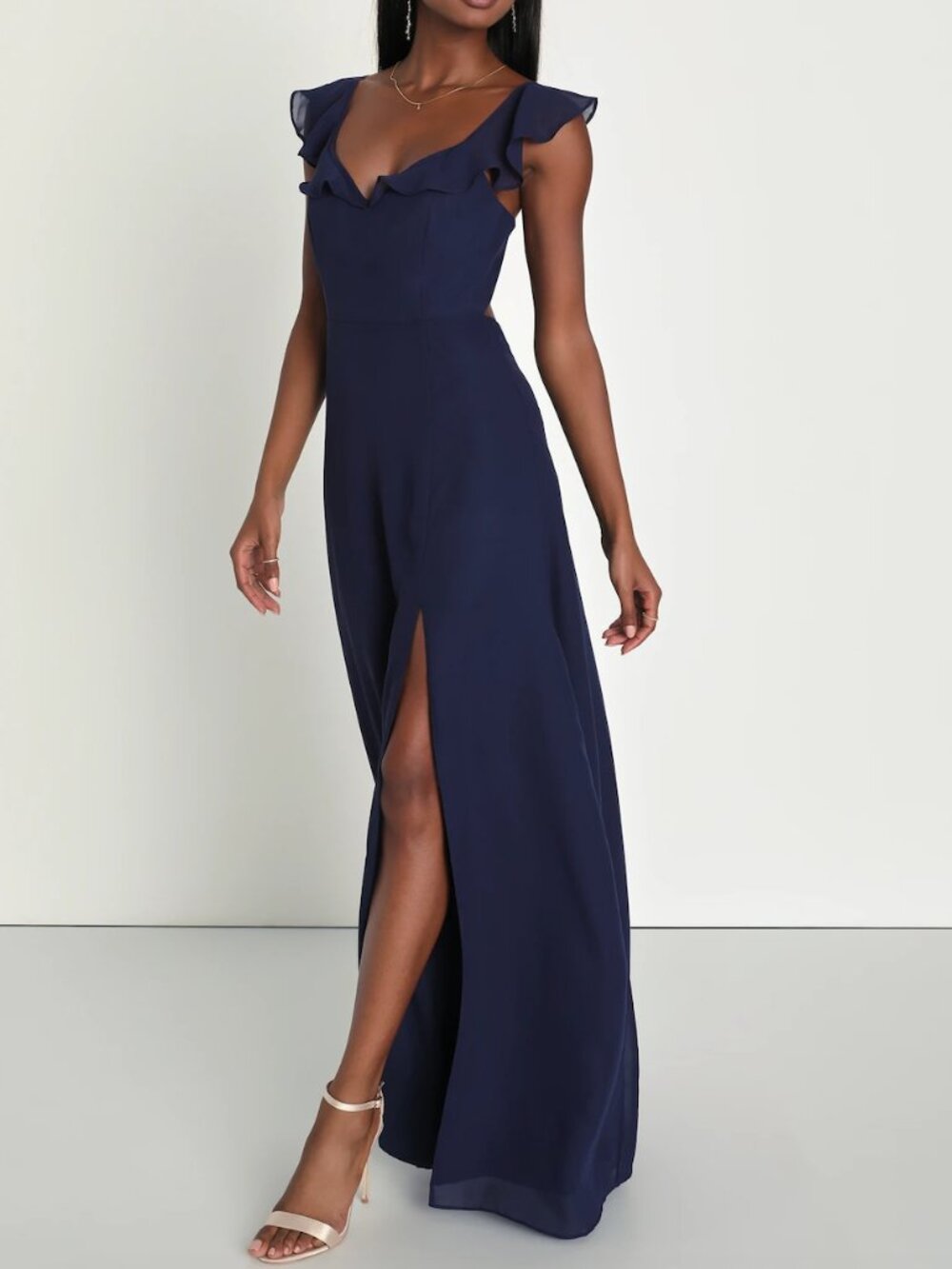 Lulu's Navy Ruffle Maxi Dress with Front Slit